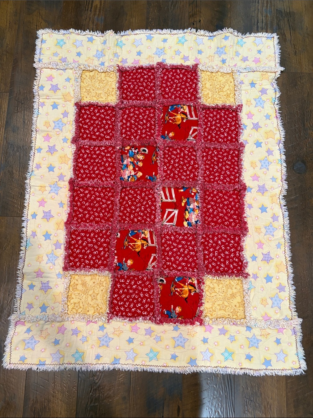 Handmade Red Patchwork Cowboy Play Blanket with Star Border